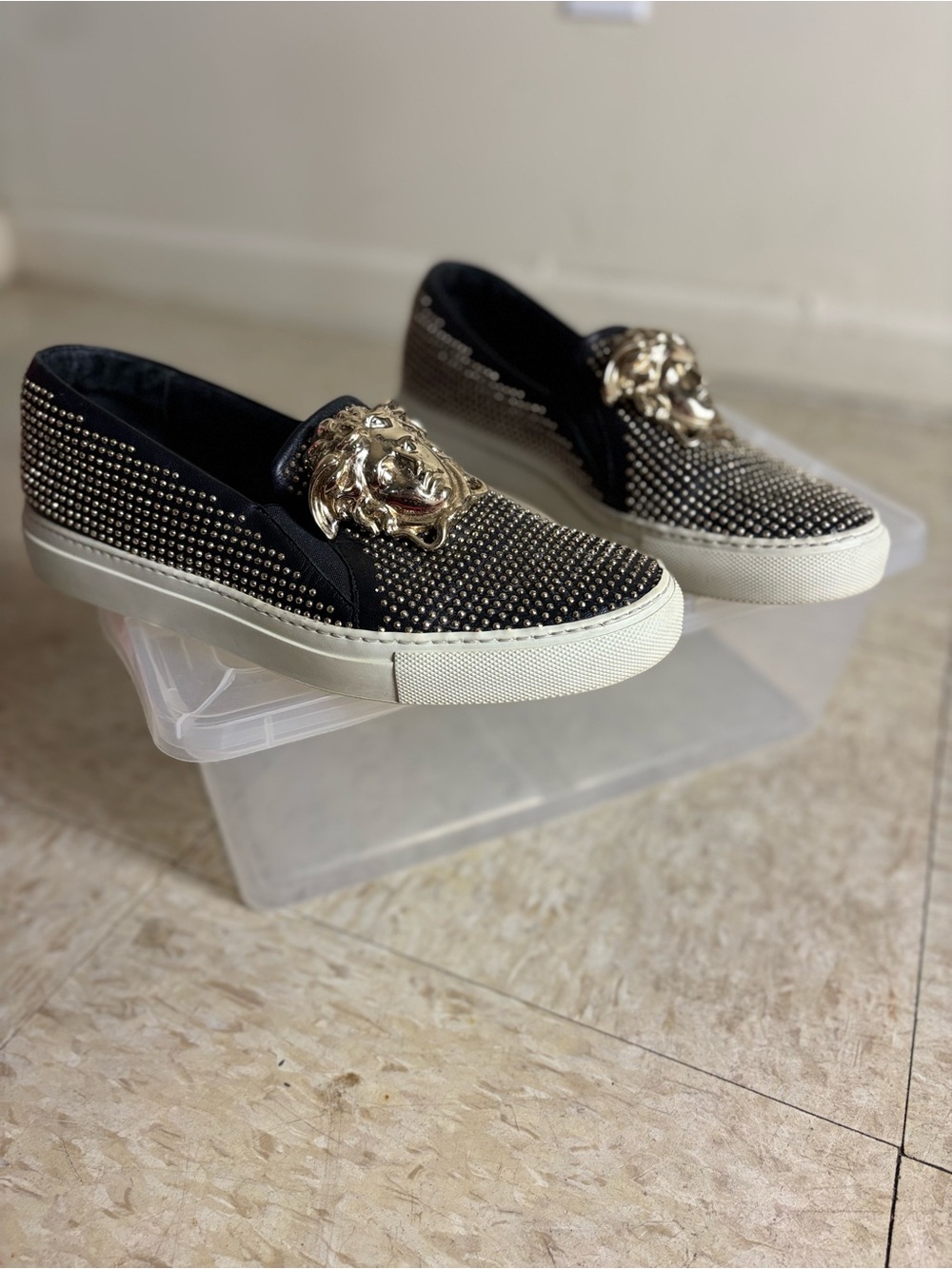 Versace Black Crystal-Stud Slip-On Sneakers with Gold Medusa